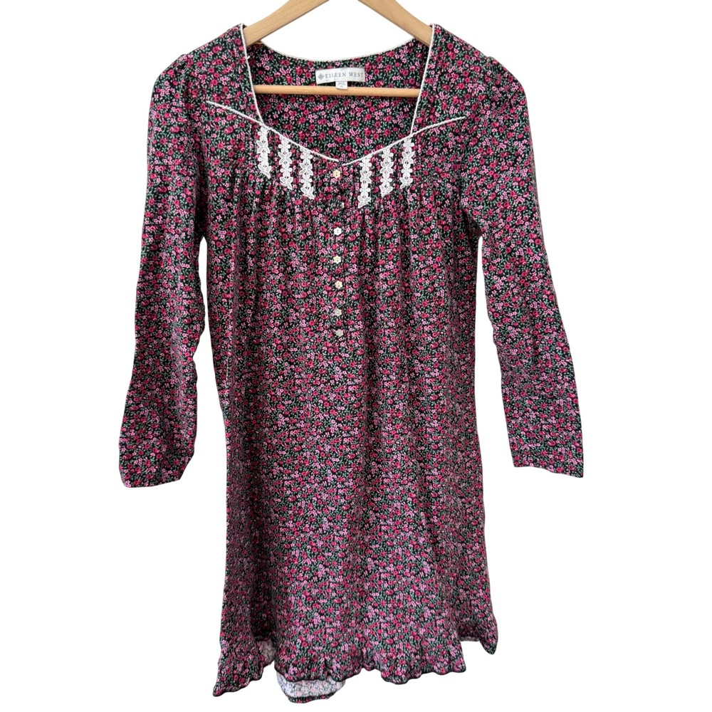 Eileen West Nightgown Small Black Pink Floral Lace Flannel Cotton Long Sleeve